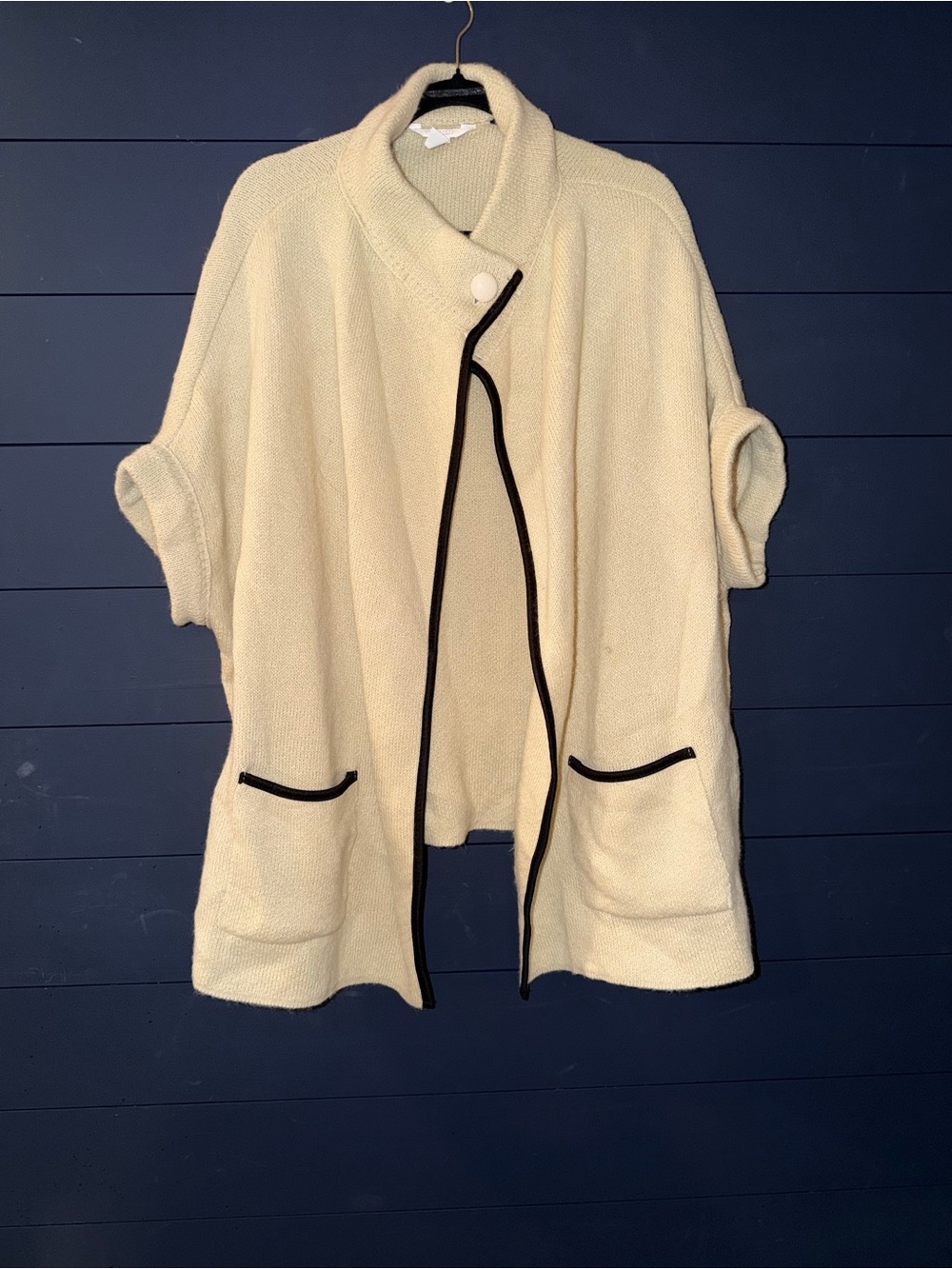 LC Lauren Conrad Cream Shawl-Collar Short-Sleeve Cardigan with Black Trim